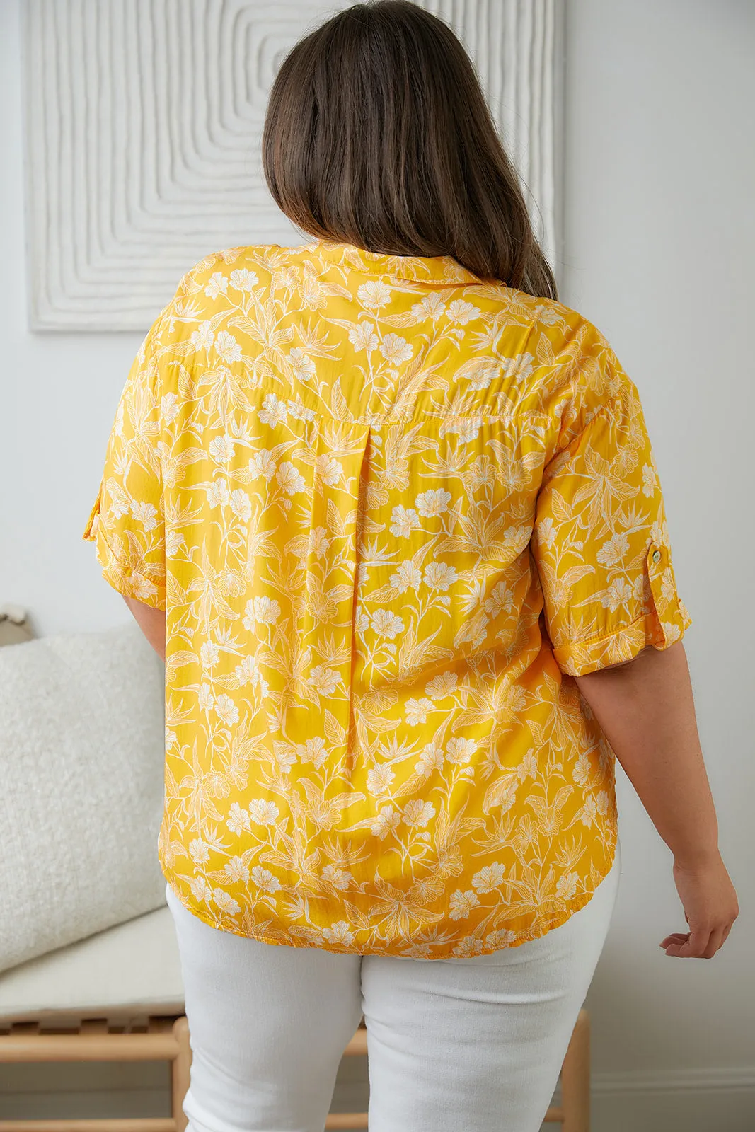 Lightweight Tangerine Floral Button Up Blouse