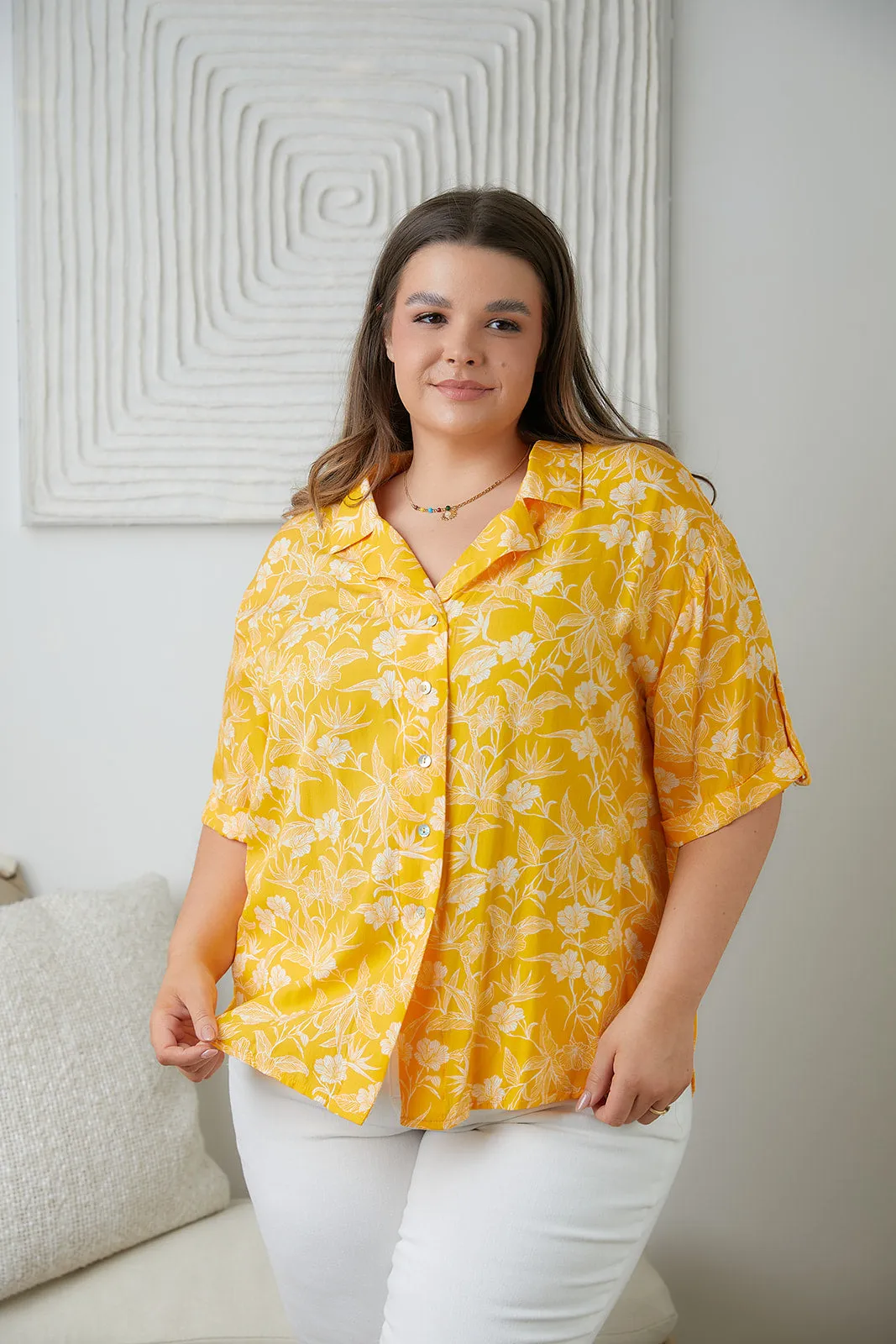 Lightweight Tangerine Floral Button Up Blouse