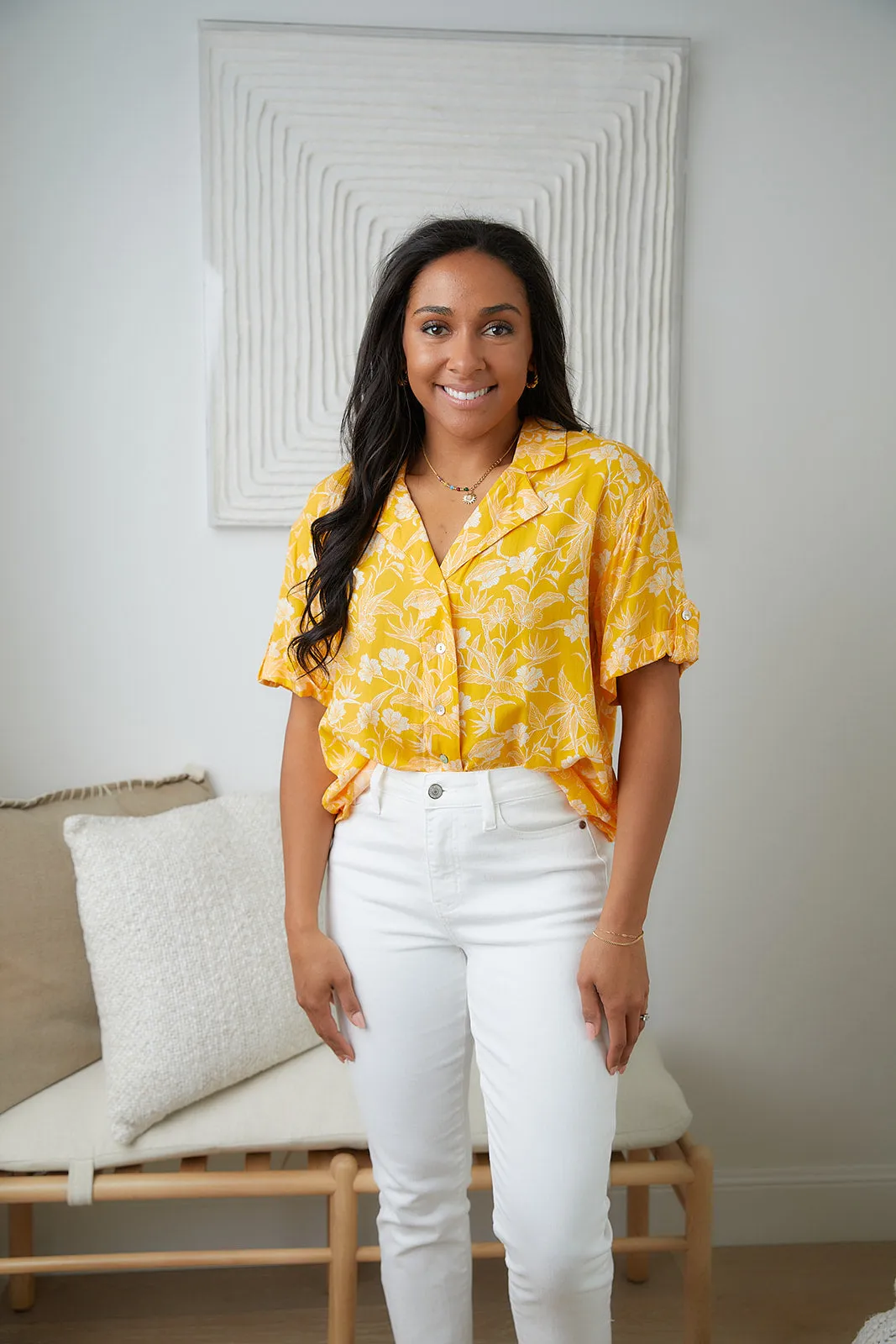 Lightweight Tangerine Floral Button Up Blouse