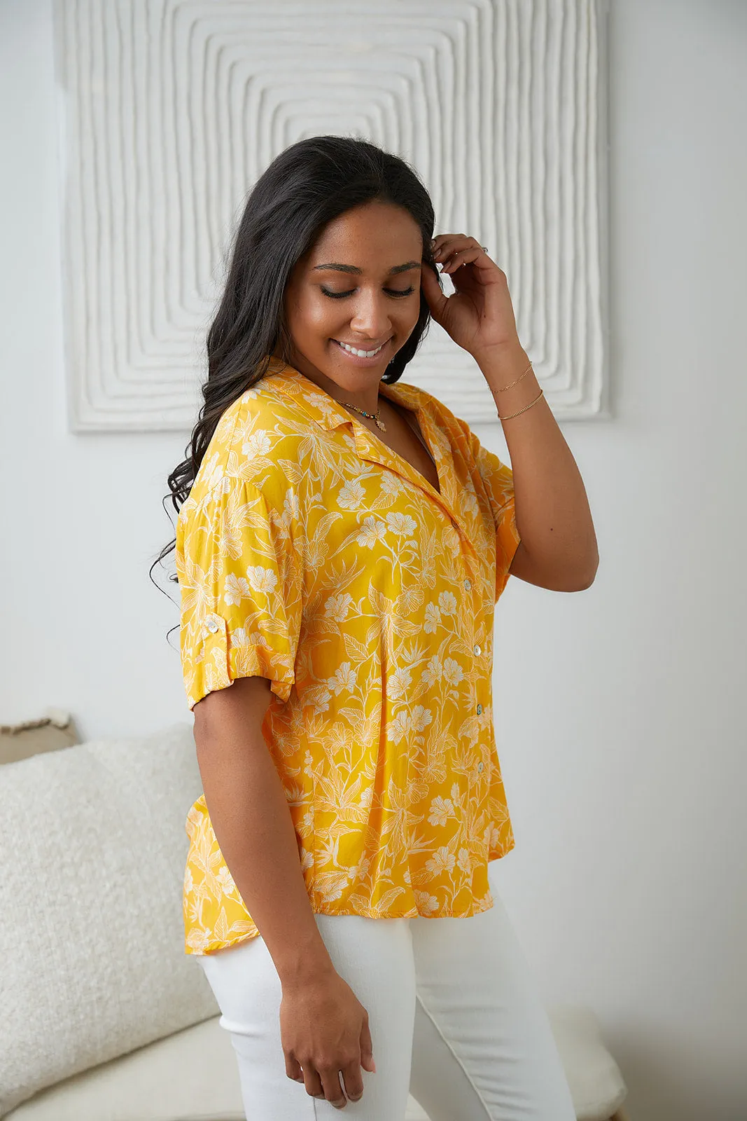Lightweight Tangerine Floral Button Up Blouse