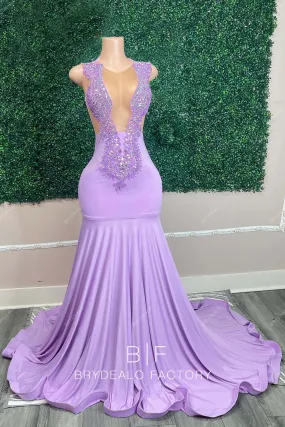 Lilac Rhinestones Plunging Neck Sleeveless Mermaid Stretchy Prom Dress