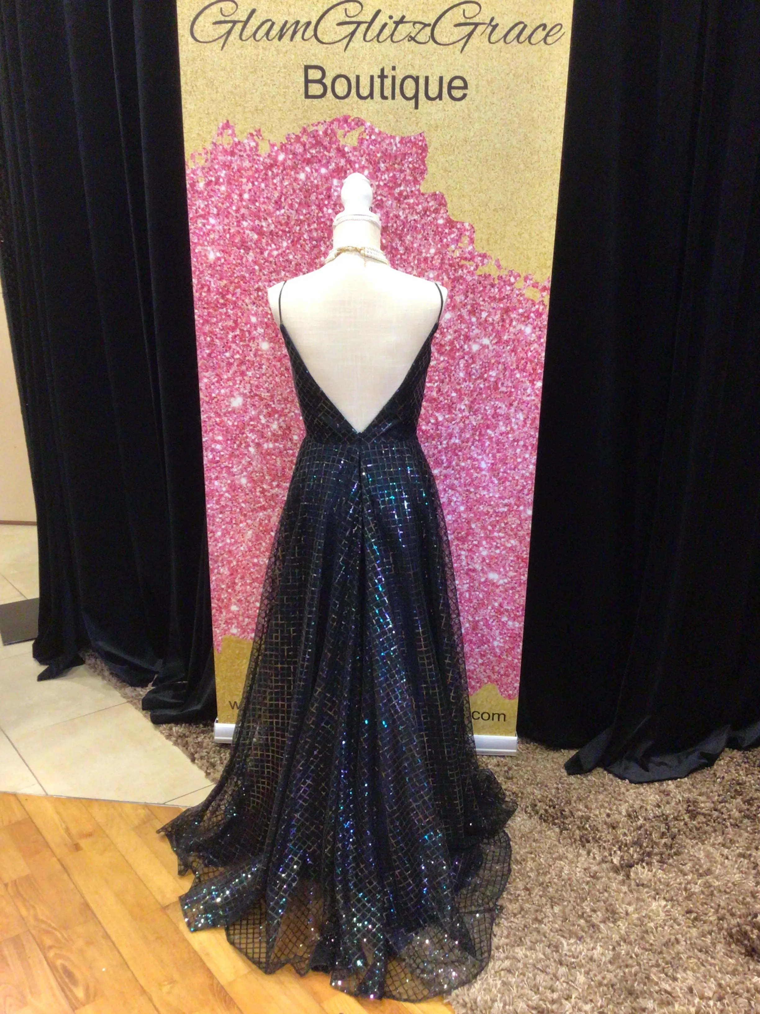 Long Black Iridescent V neck Gown