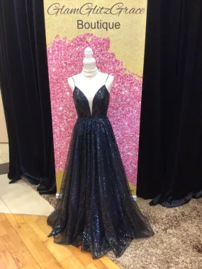 Long Black Iridescent V neck Gown