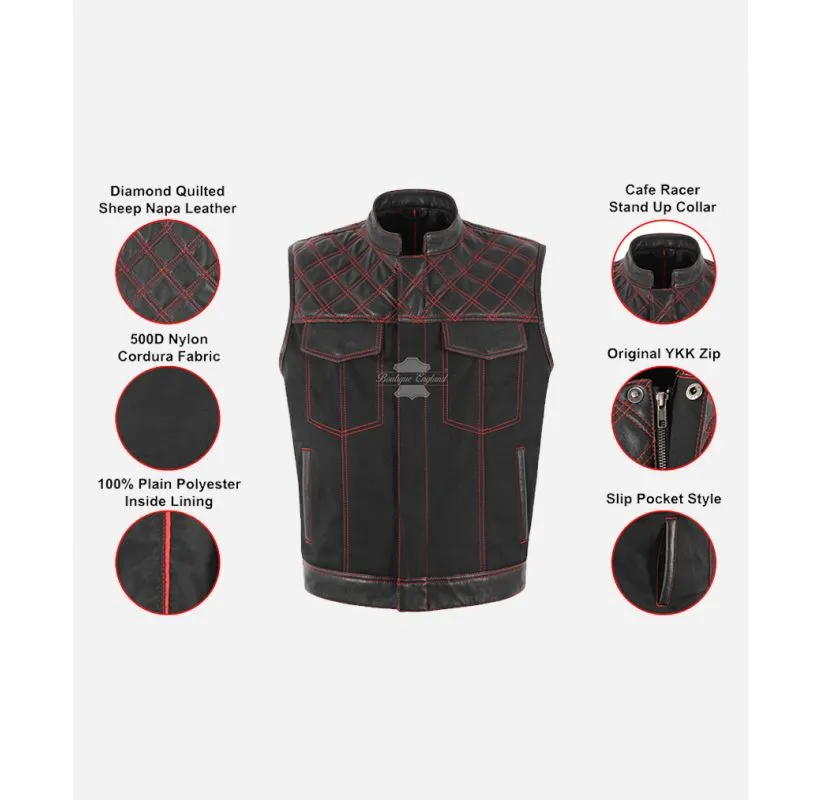 Men's Biker Waistcoat Cordura Leather Quilted SOA Leather Vest