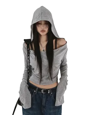 Minimalist Off-Shoulder Cropped Hoodie
