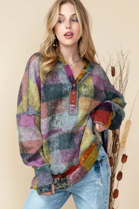Multicolor Brushed Check Henley Hoodie with Kangaroo Pocket & Thumbholes - Trendy Plaid XL