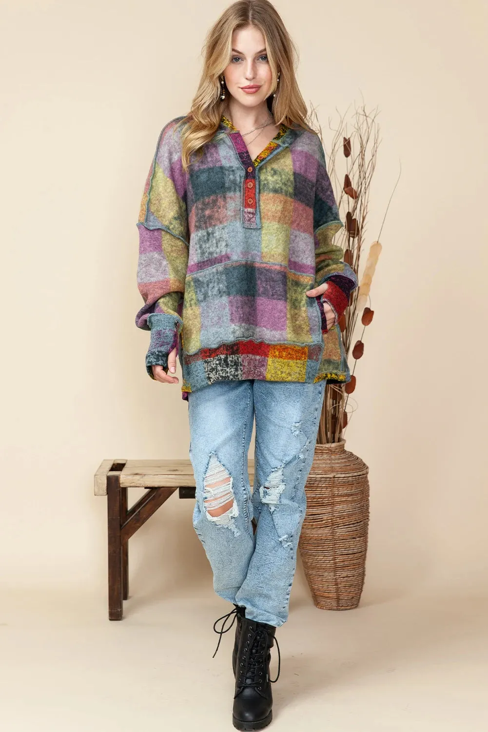 Multicolor Brushed Check Henley Hoodie with Kangaroo Pocket & Thumbholes - Trendy Plaid XL