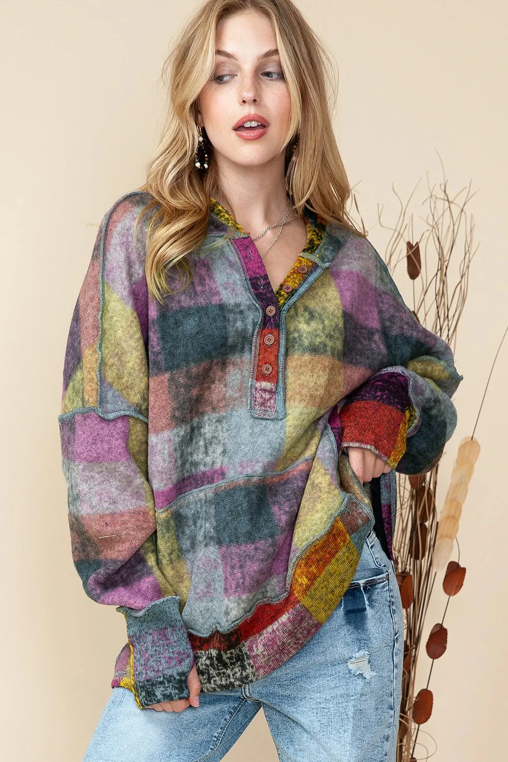 Multicolor Brushed Check Henley Hoodie with Kangaroo Pocket & Thumbholes - Trendy Plaid XL