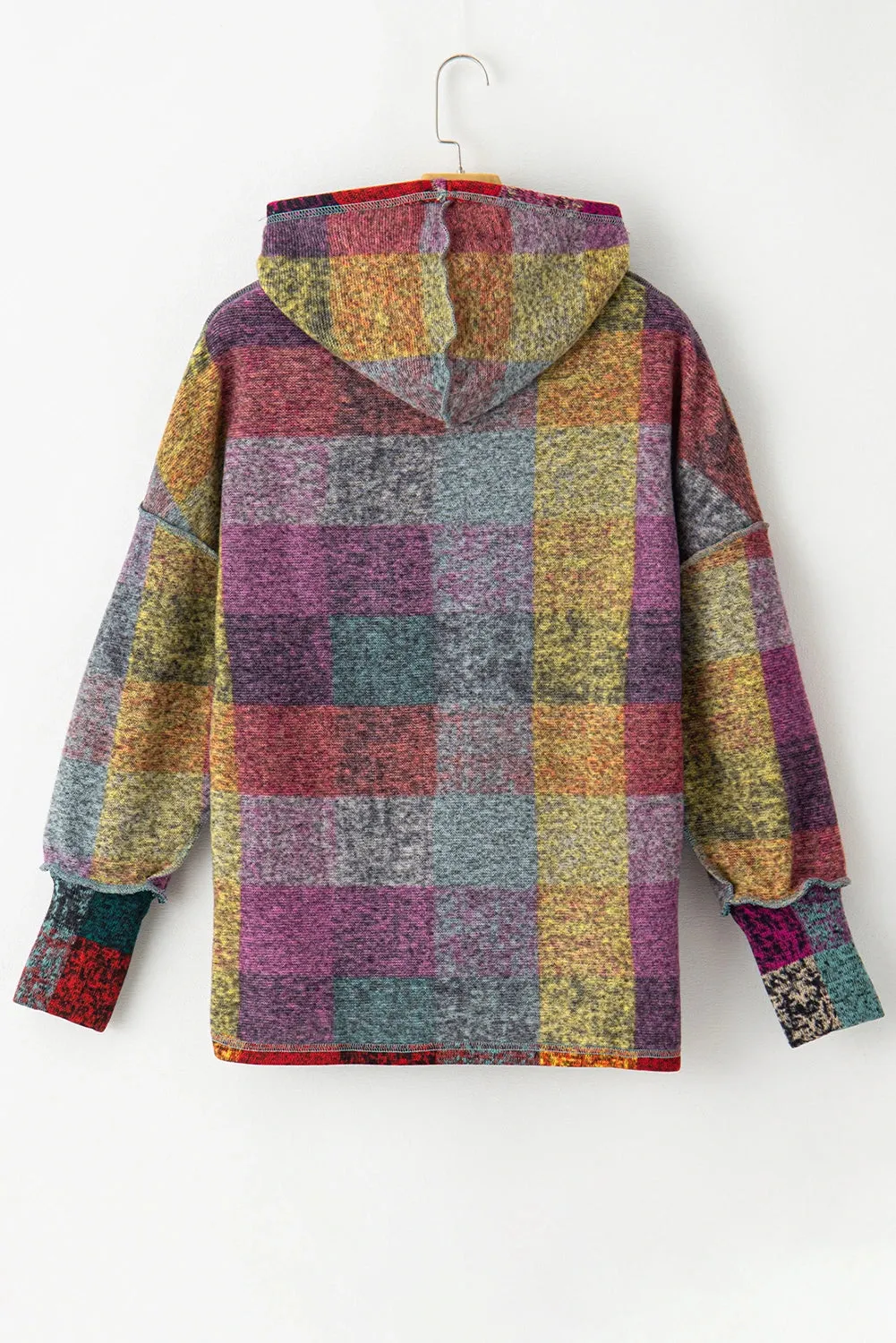 Multicolor Brushed Check Henley Hoodie with Kangaroo Pocket & Thumbholes - Trendy Plaid XL