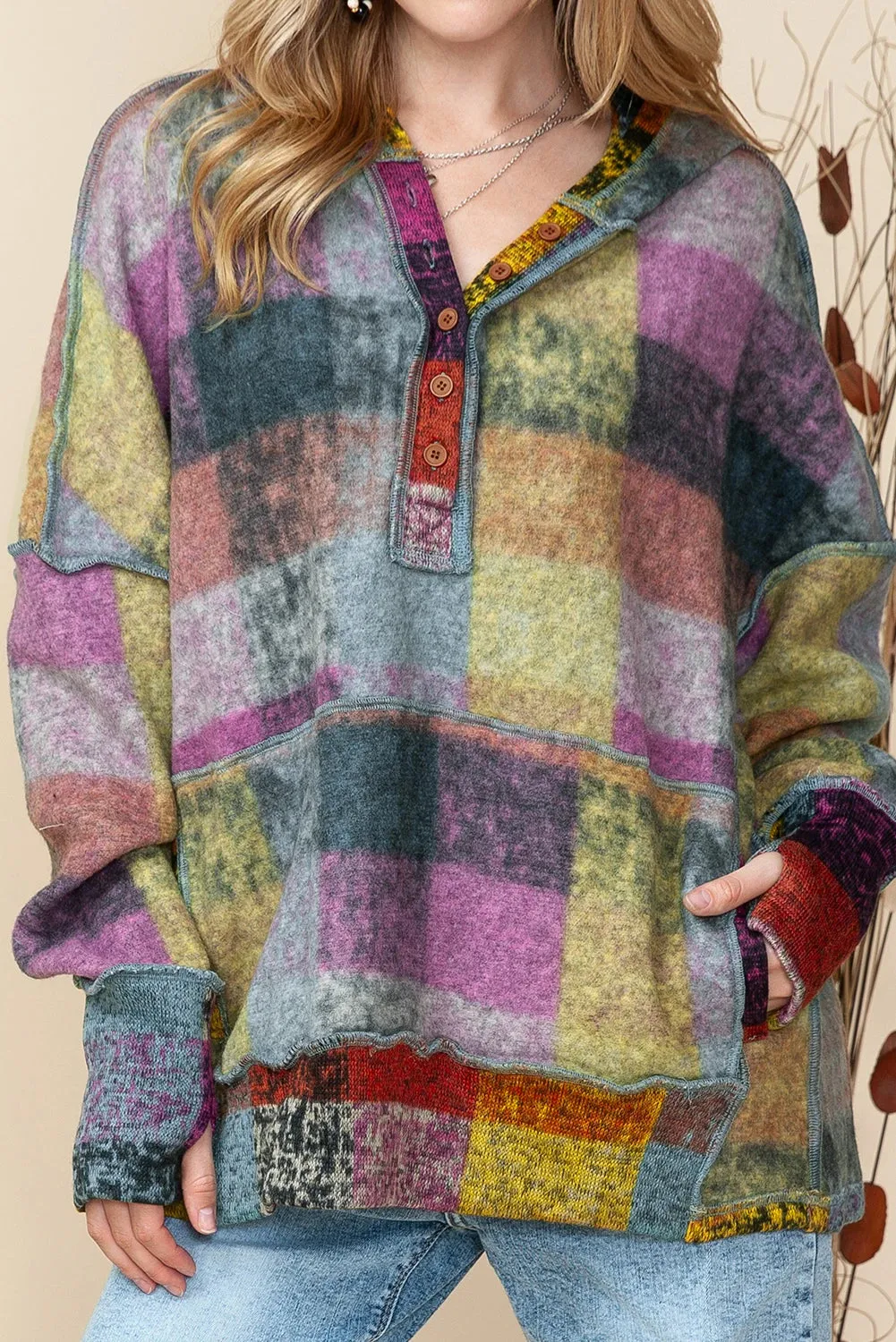 Multicolor Brushed Check Henley Hoodie with Kangaroo Pocket & Thumbholes - Trendy Plaid XL