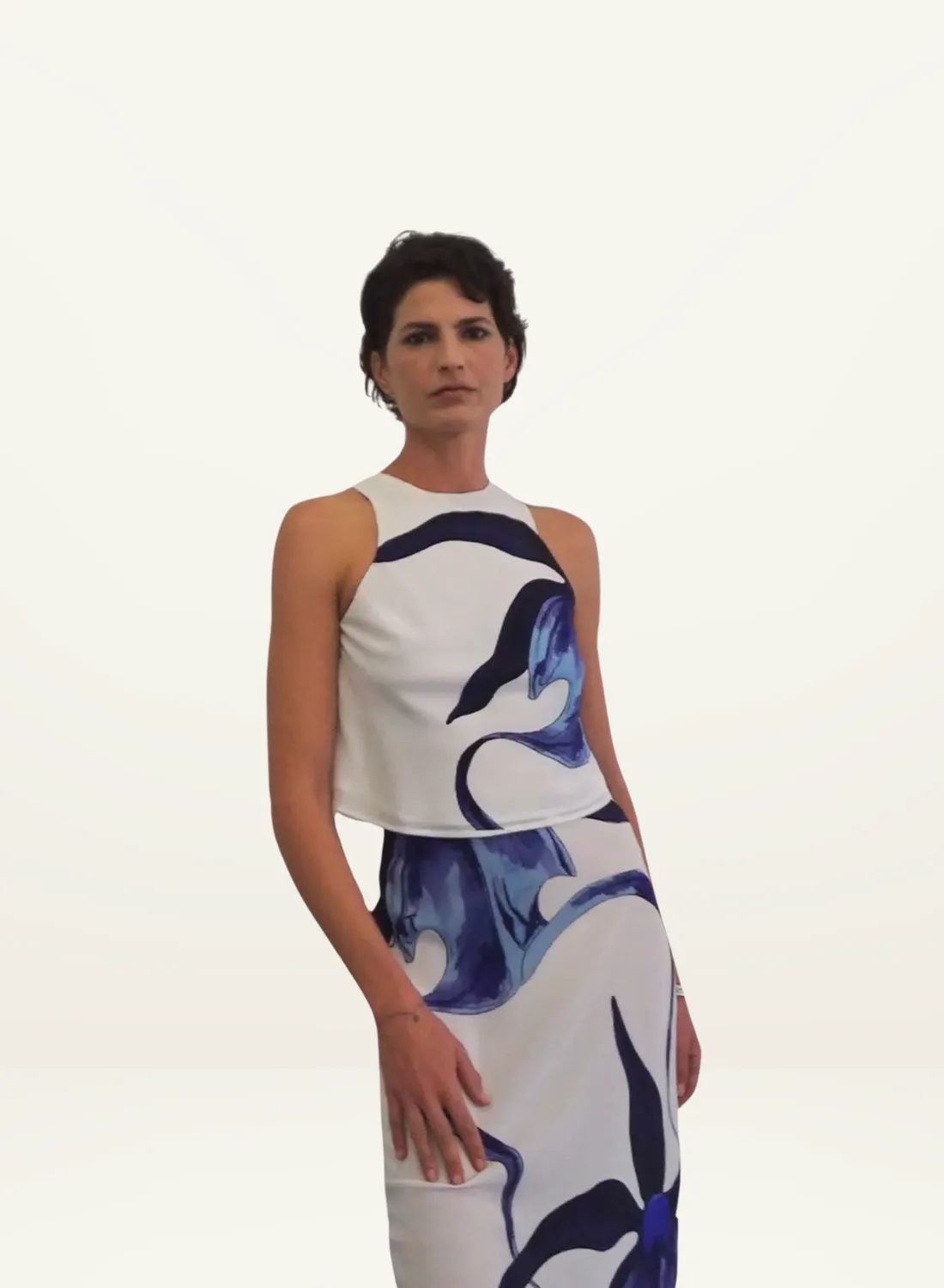 Muma World Ink Ghost Orchid Bias Maxi Skirt in IVORY & BLUE
