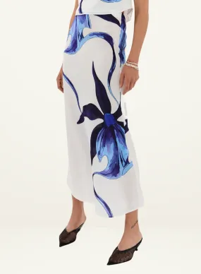 Muma World Ink Ghost Orchid Bias Maxi Skirt in IVORY & BLUE