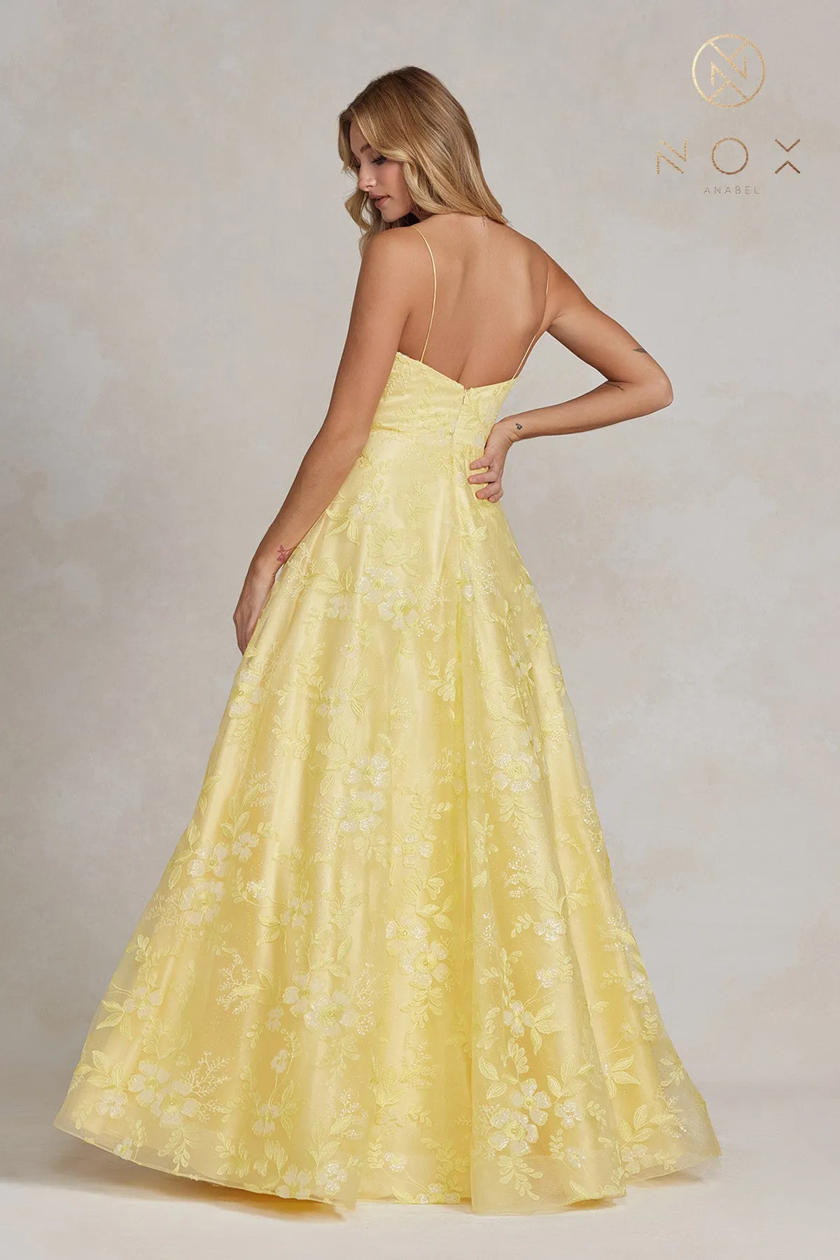 N E1175 - Floral Lace Embellished A-Line Prom Gown with Plunging V-Neck & Spaghetti Straps