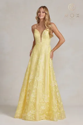 N E1175 - Floral Lace Embellished A-Line Prom Gown with Plunging V-Neck & Spaghetti Straps
