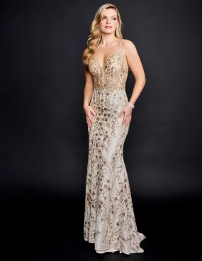 Nina Canacci 8218 Gold Sheer Bodice Prom Dress