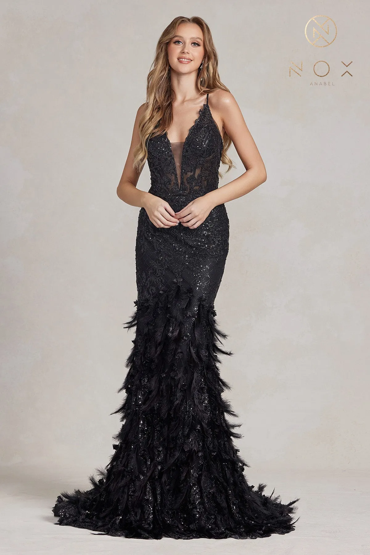 Nox Anabel C1111 Long Sheer Glitter 3D Lace Feather Mermaid Prom Dress Formal Evening Gown