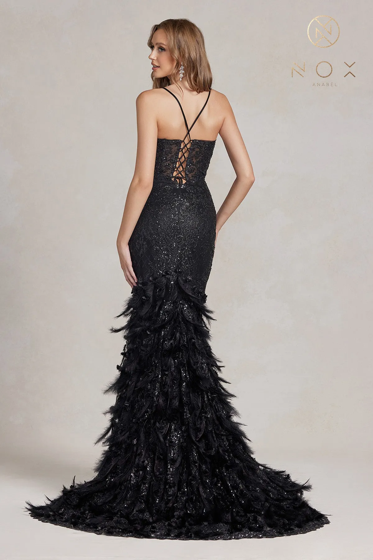 Nox Anabel C1111 Long Sheer Glitter 3D Lace Feather Mermaid Prom Dress Formal Evening Gown