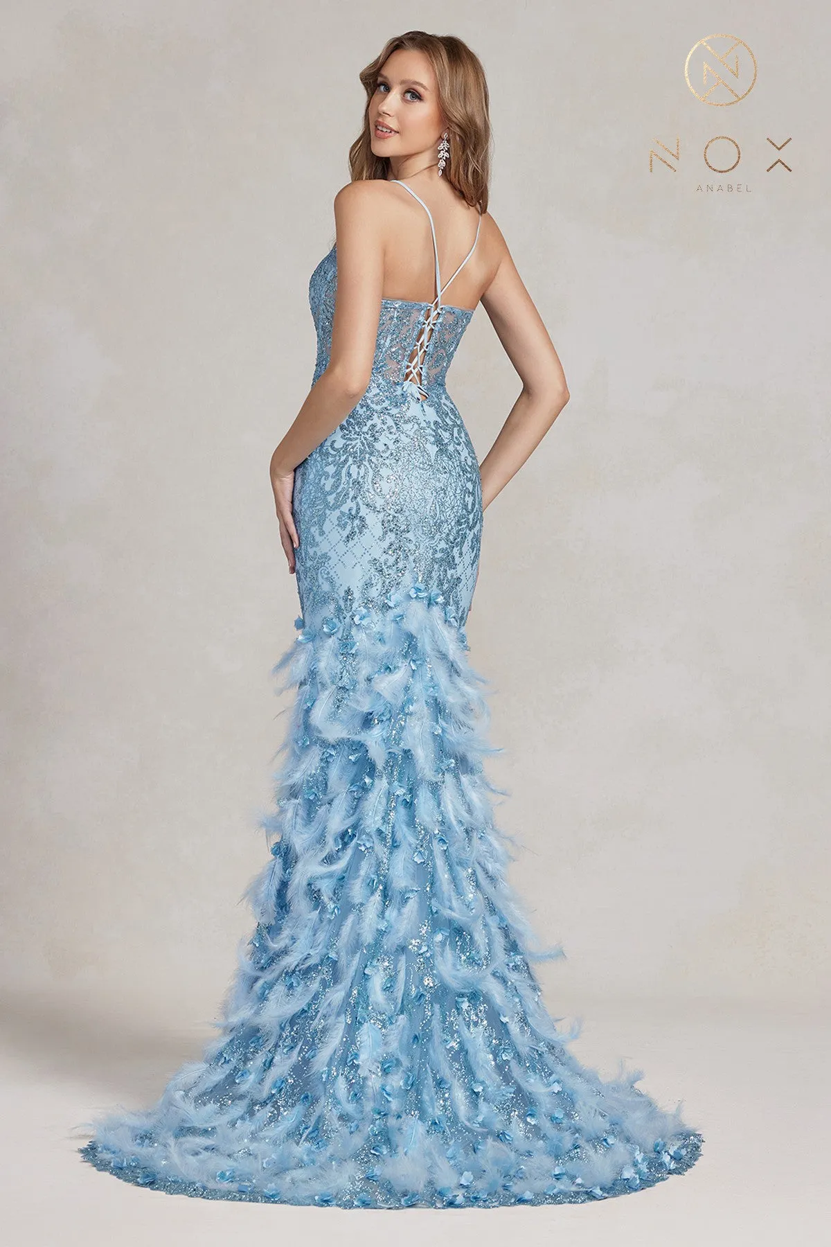 Nox Anabel C1111 Long Sheer Glitter 3D Lace Feather Mermaid Prom Dress Formal Evening Gown