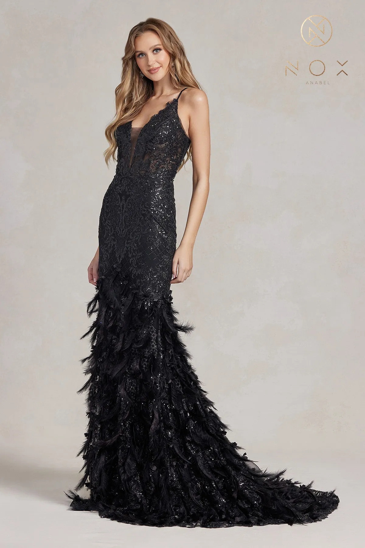 Nox Anabel C1111 Long Sheer Glitter 3D Lace Feather Mermaid Prom Dress Formal Evening Gown