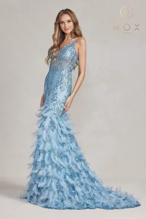 Nox Anabel C1111 Long Sheer Glitter 3D Lace Feather Mermaid Prom Dress Formal Evening Gown
