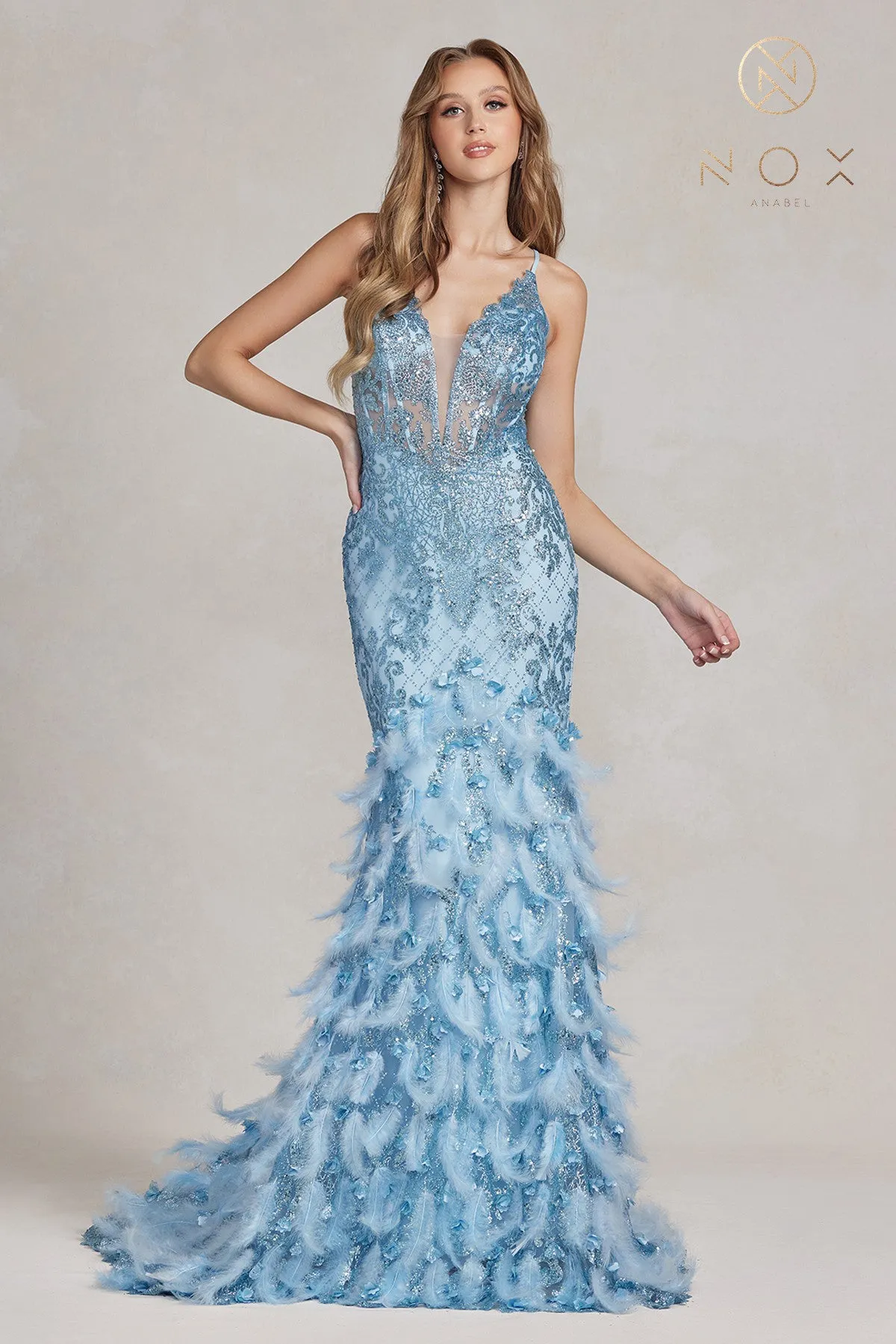 Nox Anabel C1111 Long Sheer Glitter 3D Lace Feather Mermaid Prom Dress Formal Evening Gown