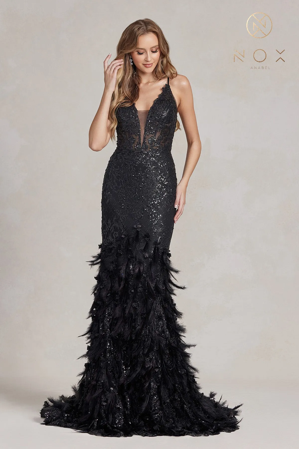 Nox Anabel C1111 Long Sheer Glitter 3D Lace Feather Mermaid Prom Dress Formal Evening Gown