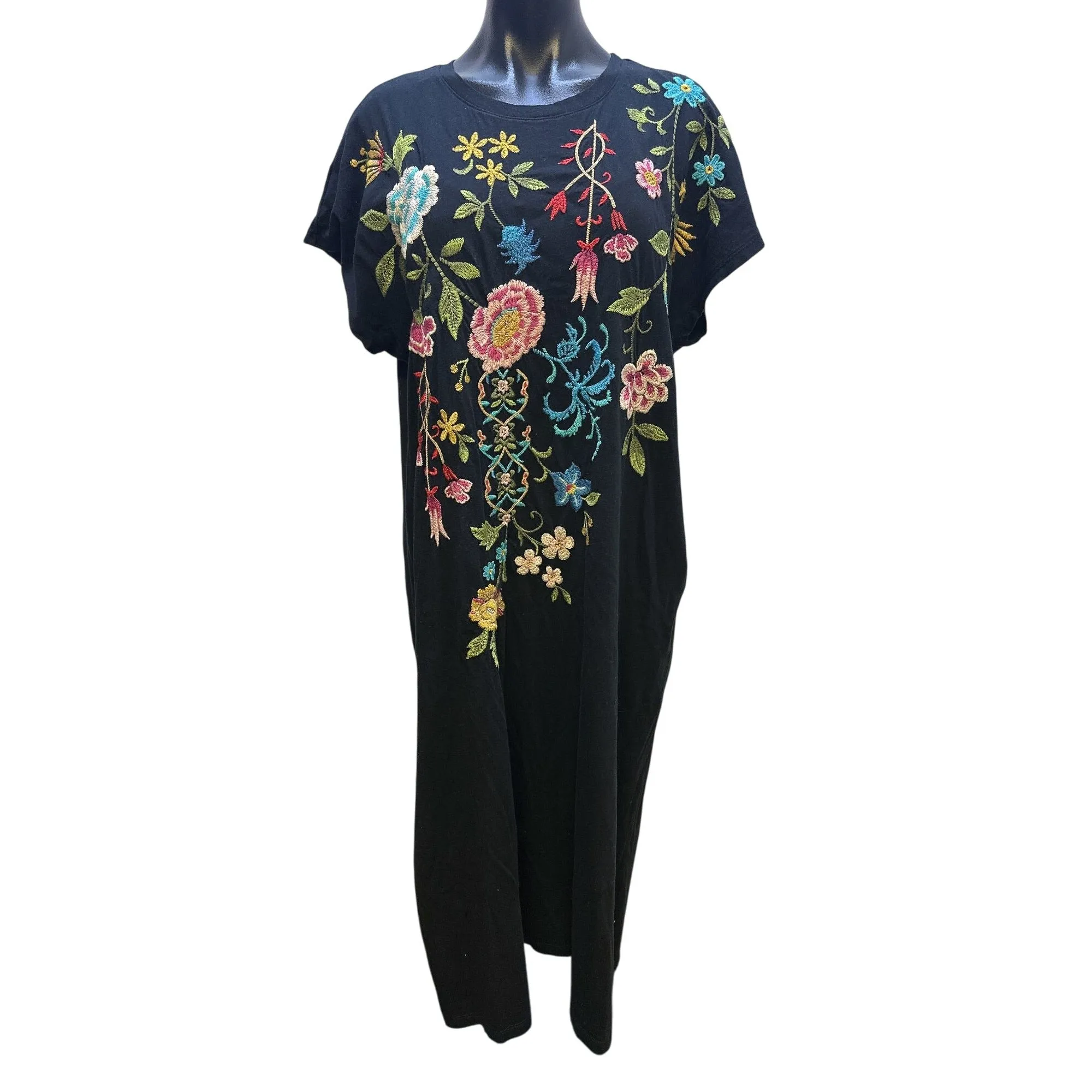NWT Johnny Was Black Maxi Dress w/Vibrant Floral Embroidery Size M
