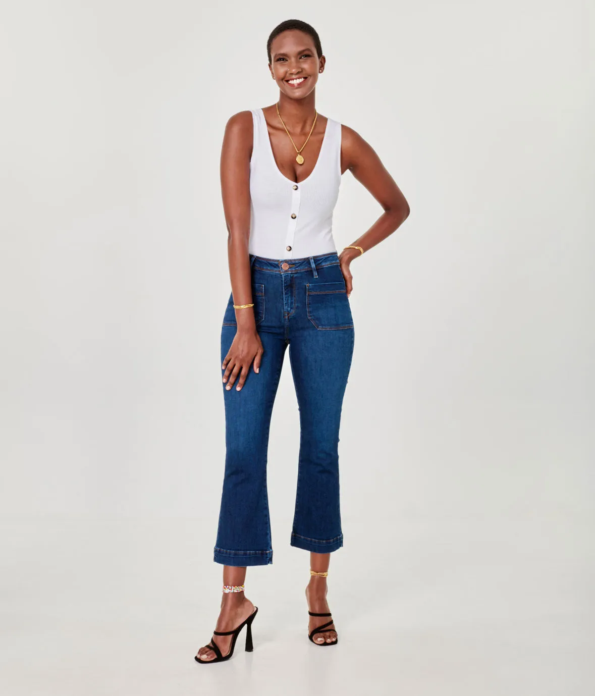 Pantalon capri bootcut à taille haute en jean extensible et durable