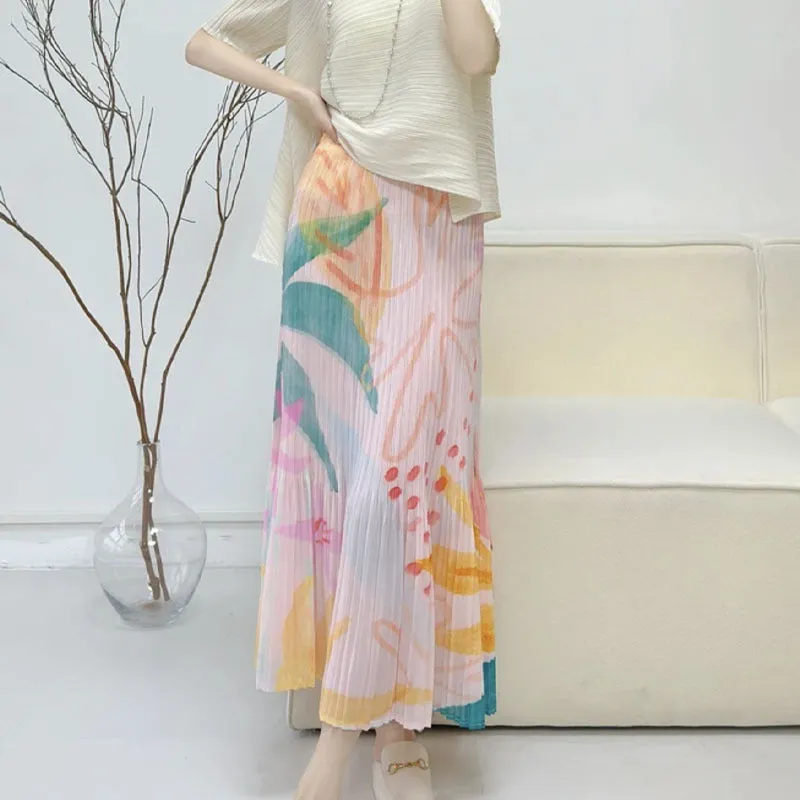 Pleated Printed High Waisted Pleated Skirt
