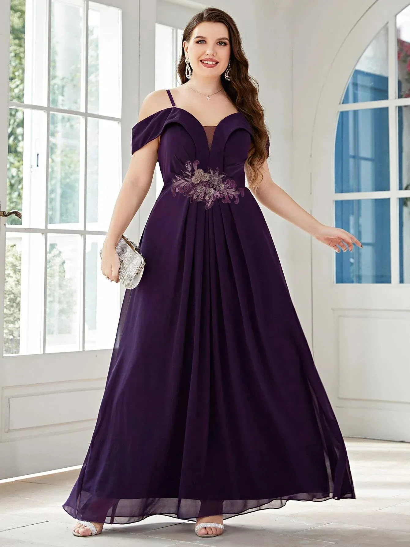 Plus Size Plunging Neck Butterfly Sleeve Glitter evning prom gown