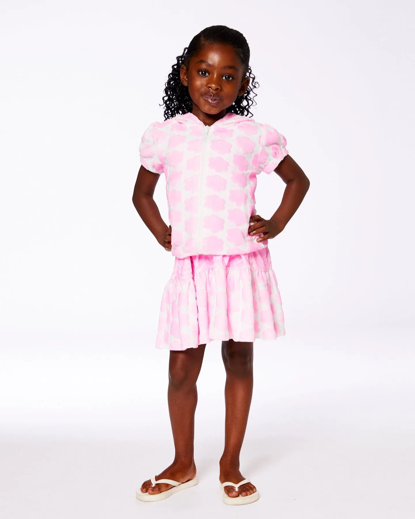 Printed Terry Short Sleeve Hoodie Cardigan Vibrant Pink And White