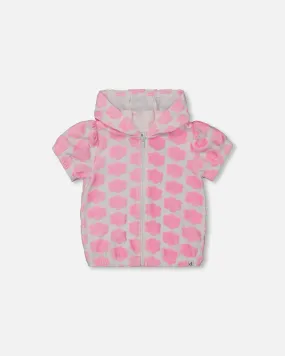 Printed Terry Short Sleeve Hoodie Cardigan Vibrant Pink And White