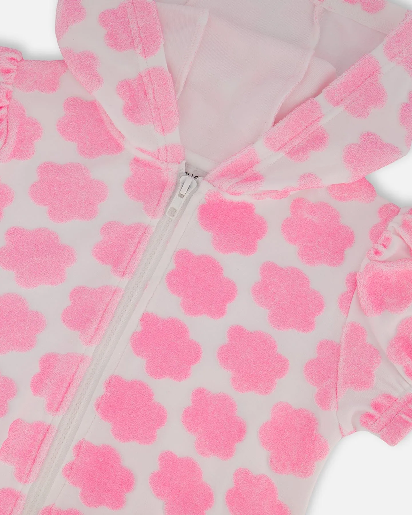 Printed Terry Short Sleeve Hoodie Cardigan Vibrant Pink And White