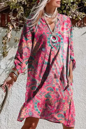 Retro Paisley Tab Sleeve Dress: Rose