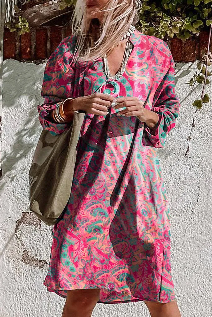 Retro Paisley Tab Sleeve Dress: Rose