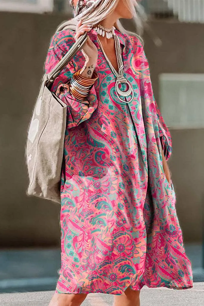 Retro Paisley Tab Sleeve Dress: Rose