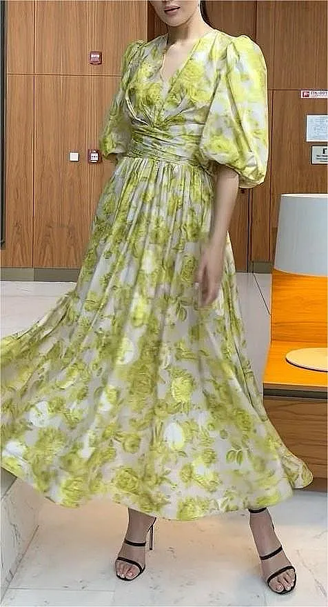 Rose Print V-neck Maxi Dress