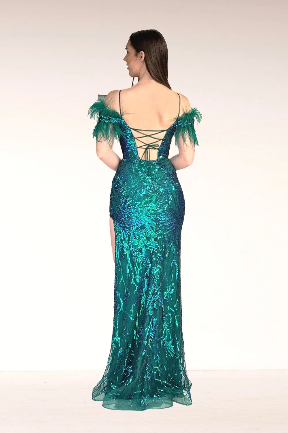 Sequin Feather Cold Shoulder Gown by Abby Paris 90271