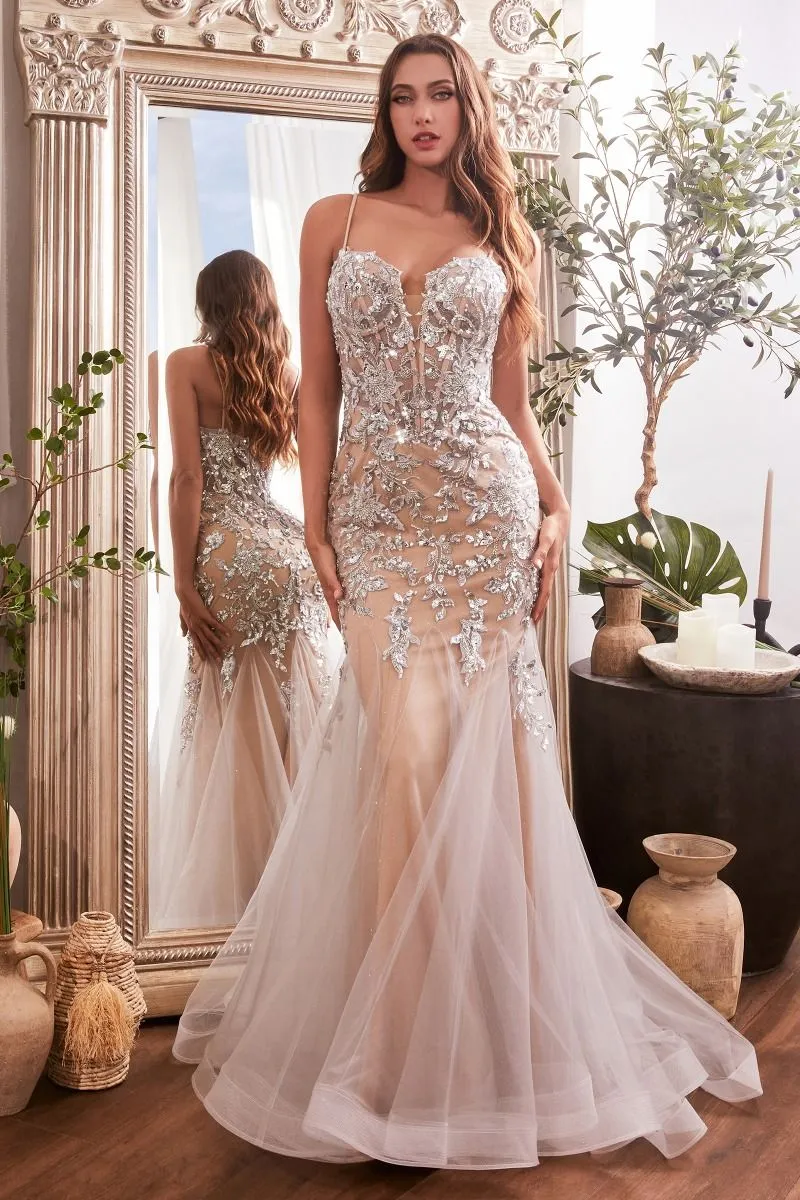 SEQUIN FLORAL PRINT MERMAID GOWN CDCDS488