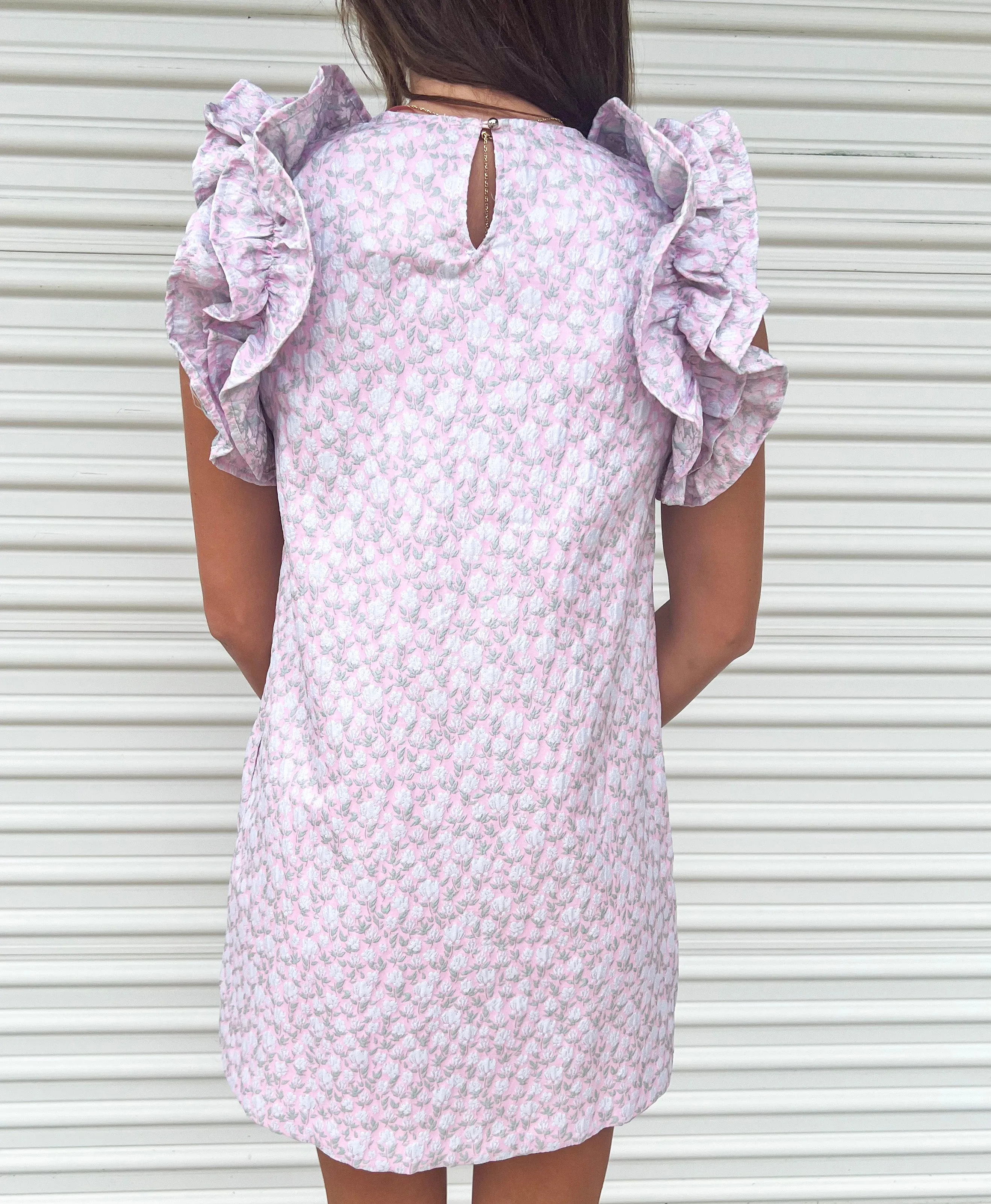 SILVERY MOON PINK JACQUARD RUFFLE SHIFT DRESS