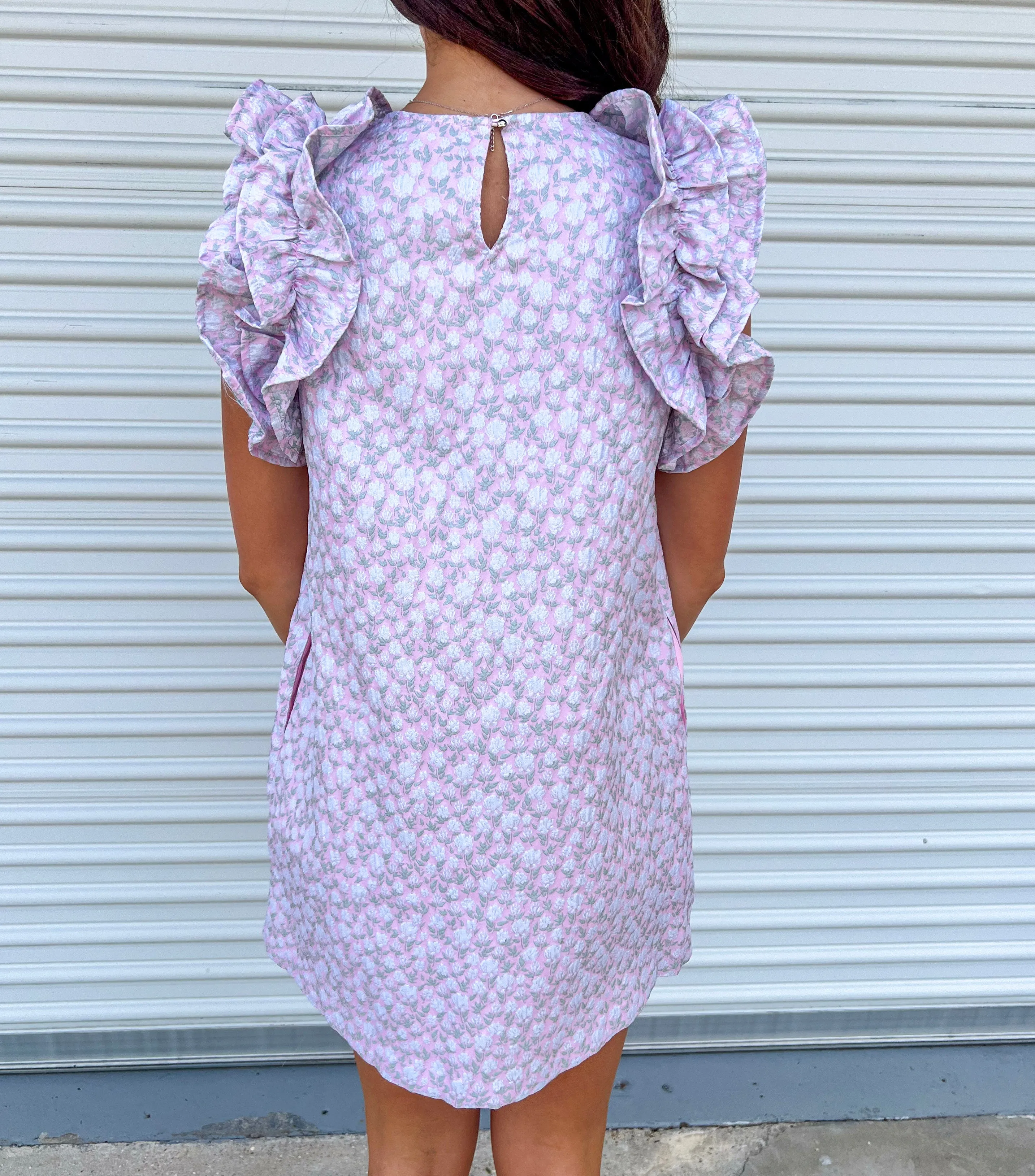 SILVERY MOON PINK JACQUARD RUFFLE SHIFT DRESS