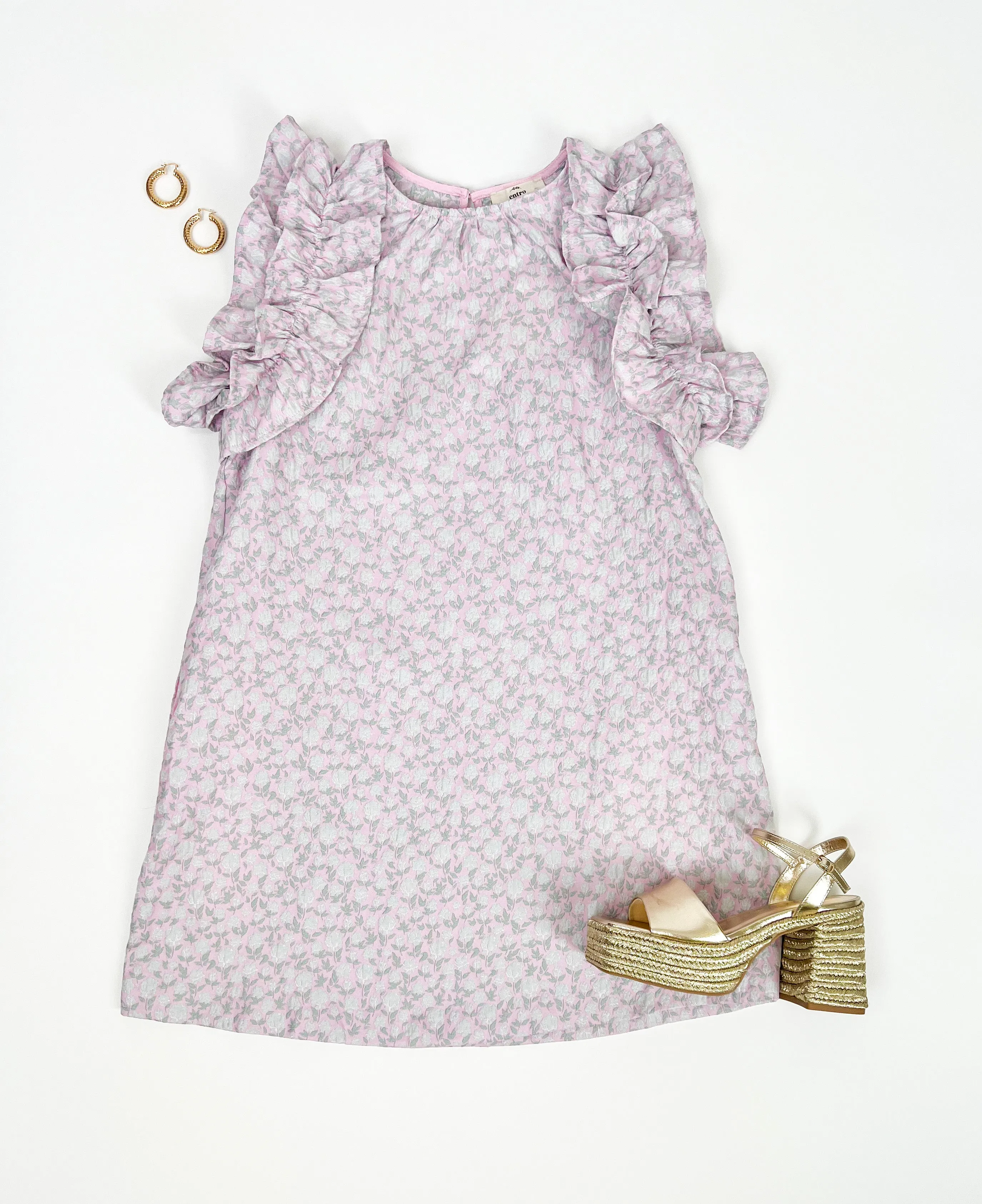 SILVERY MOON PINK JACQUARD RUFFLE SHIFT DRESS