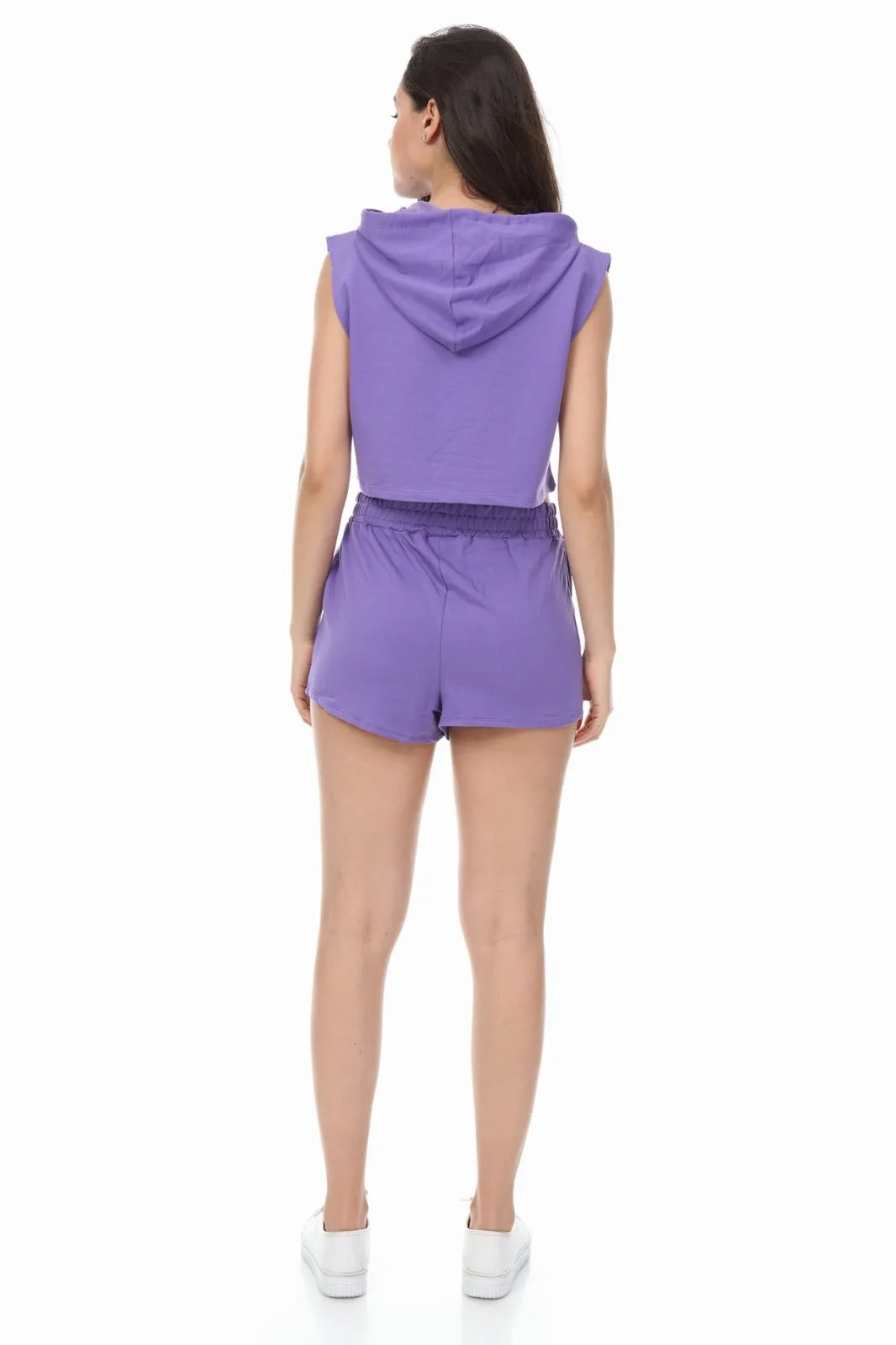 SLEEVELESS HOODIE AND DRAWSTRING SHORTS PURPLE LOUNGEWEAR SET