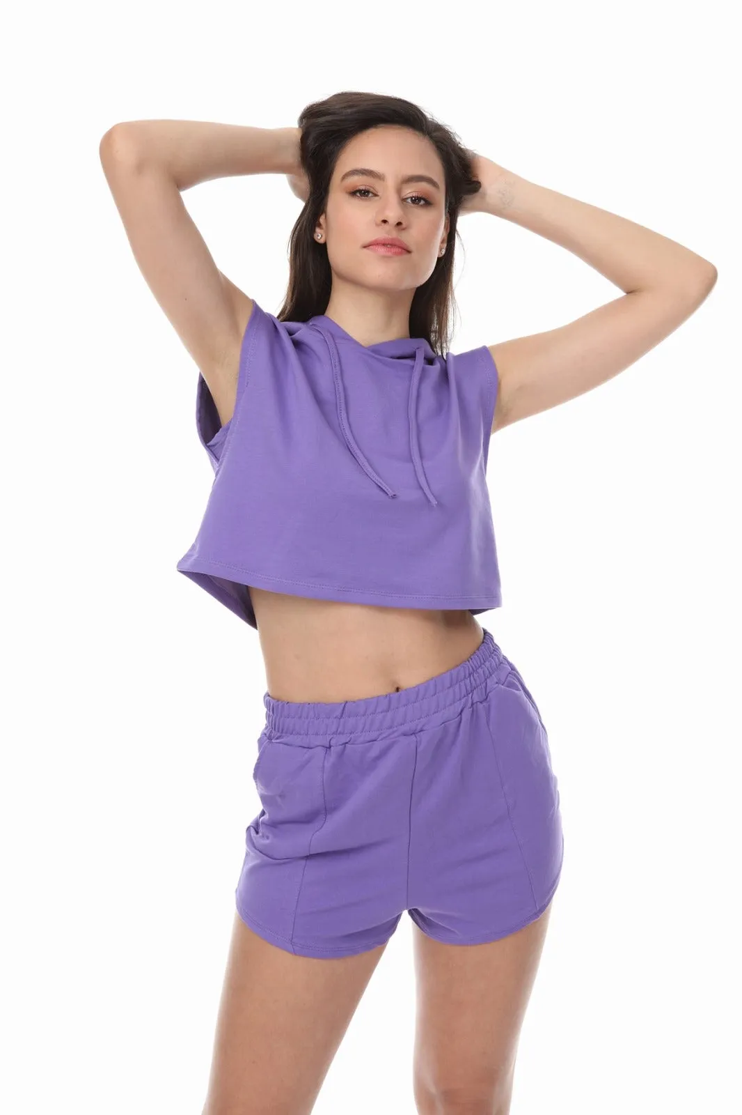 SLEEVELESS HOODIE AND DRAWSTRING SHORTS PURPLE LOUNGEWEAR SET