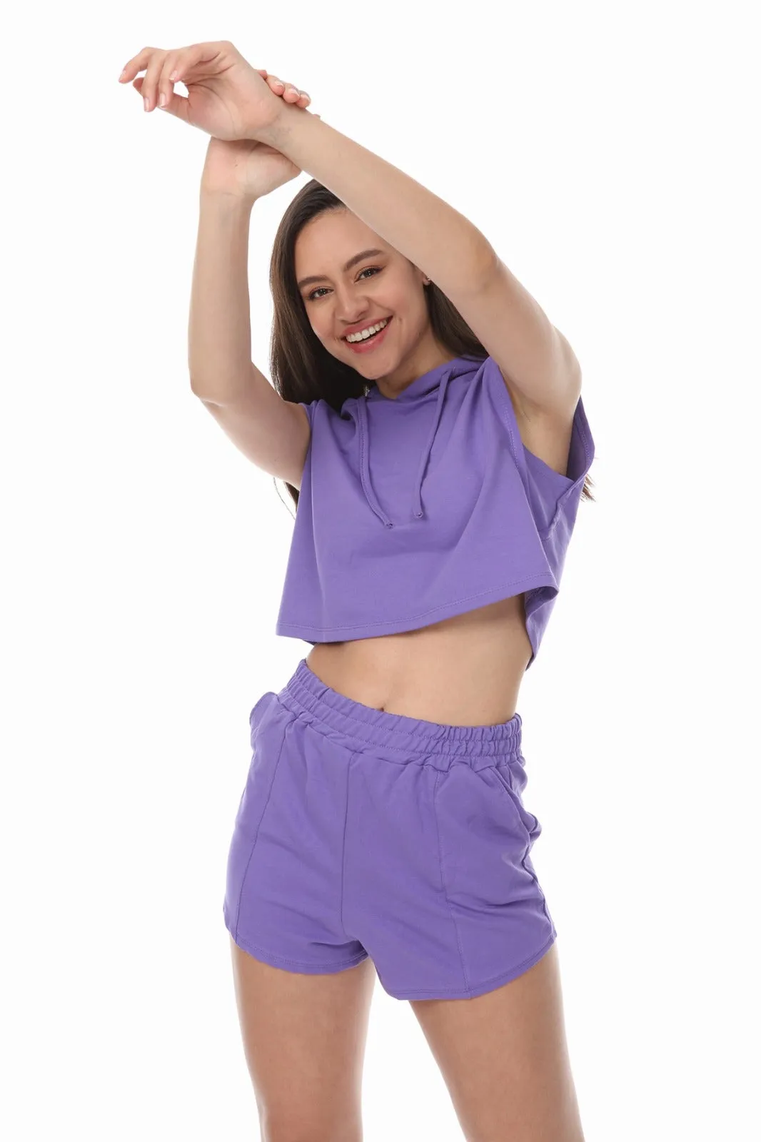 SLEEVELESS HOODIE AND DRAWSTRING SHORTS PURPLE LOUNGEWEAR SET