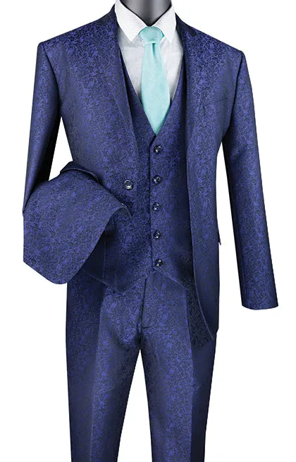 Slim Fit 3 Piece Suit Navy Floral Pattern Matching Vest and Pants