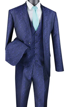 Slim Fit 3 Piece Suit Navy Floral Pattern Matching Vest and Pants