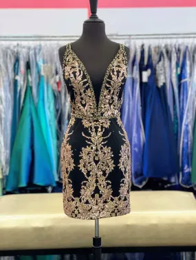 Stella Couture 22773 Size 16 Black/Gold Short Glitter Homecoming Dress Formal Cocktail Gown