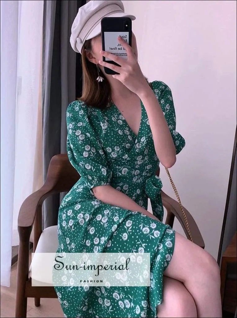 Sun-imperial Vintage Floral Print Midi Dress V Neck Summer Dress