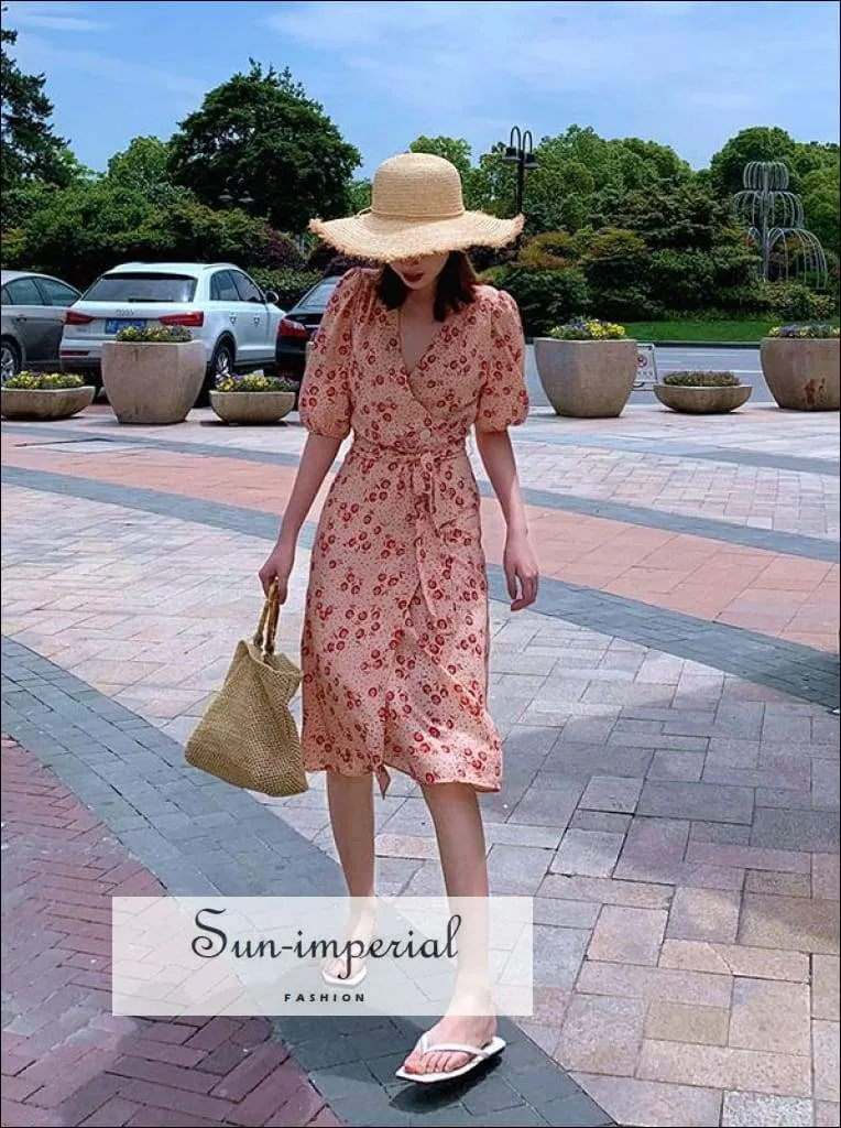 Sun-imperial Vintage Floral Print Midi Dress V Neck Summer Dress